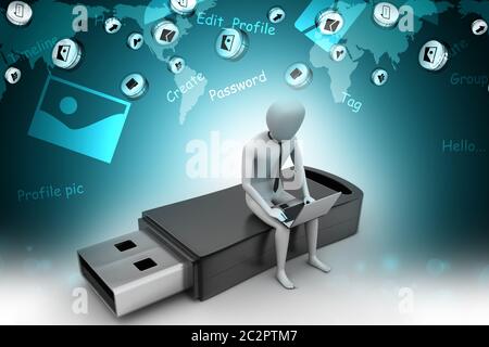 3d man and laptop sitting usb Stock Photo