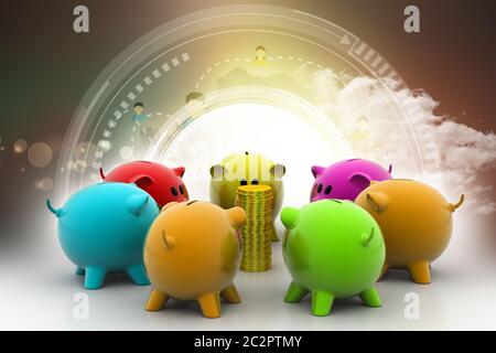 group of piggybanks around with gold coins Stock Photo