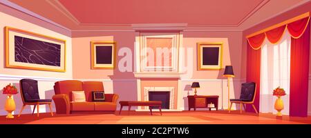 Old luxury living room interior with sofa, armchairs and marble fireplace. Vector cartoon illustration of empty lounge in classic style with red curtains and paintings in golden frames Stock Vector