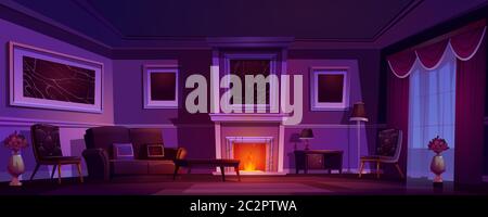 Luxury old living room, dark interior with burning fireplace, classic style furniture, leather couch, armchair and wood coffee table, floor lamp and flower vase. Night home cartoon vector illustration Stock Vector