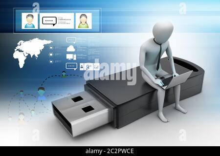 3d man and laptop sitting usb Stock Photo