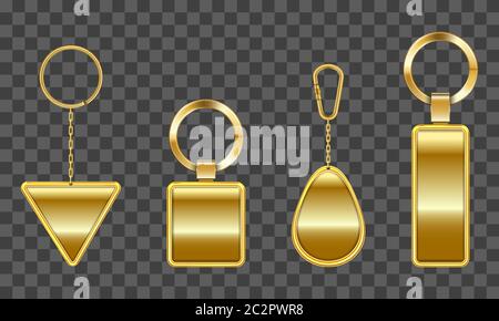 Golden keychain, holder trinket for key with metal chain and ring. Vector realistic template of gold fobs different shapes isolated on transparent background. Blank accessory for corporate identity Stock Vector