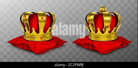 Gold royal crown for king and queen on red pillow. Vector realistic luxury golden corona with gems, medieval diadem for prince, princess or emperor on cushion isolated on transparent background Stock Vector