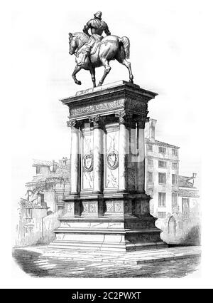 Equestrian statue of Bartolomeo Colleoni, in front of the Church of St John and St Paul, in Venice, vintage engraved illustration. Magasin Pittoresque Stock Photo