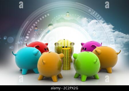 group of piggybanks around with gold coins Stock Photo