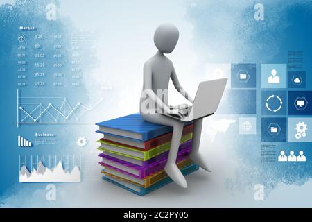 3d man sitting on books and working at his laptop Stock Photo