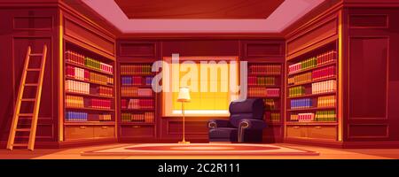 Cartoon Library Ladder Library with bookcases, ladder, chair and lamp. Vector cartoon empty ...
