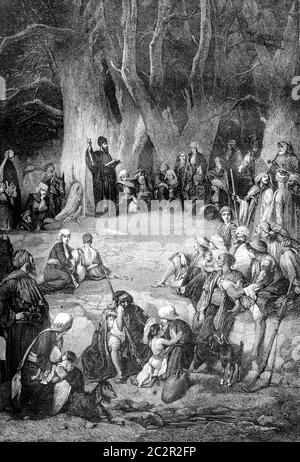 Preaching a Maronite under the cedars of Lebanon, by Bida, vintage engraved illustration. Magasin Pittoresque 1861. Stock Photo