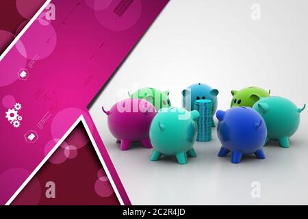 group of piggybanks around with gold coins Stock Photo