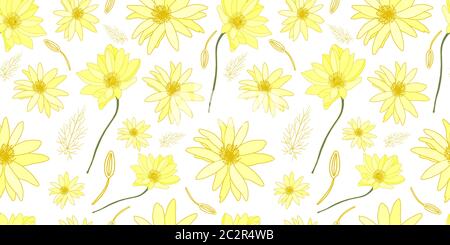 Yellow flowers on a white background pattern. Field summer flowers. Beautiful delicate pattern on the fabric Stock Vector