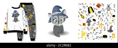 ready-made set for fashion design. Set pattern and illustration. School of magic, potter, wizarding world. Black cat and a talking hat. Pajamas design Stock Vector