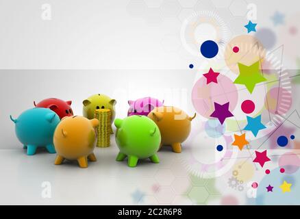 group of piggybanks around with gold coins Stock Photo