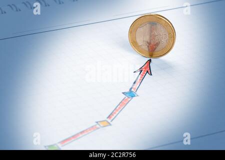 Red arrow on success sketch aspirating to euro coin Stock Photo