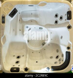 Jacuzzi top view, hot tub, luxury bath, nobody. Comfortable bathtub with hydrotherapy Stock Photo