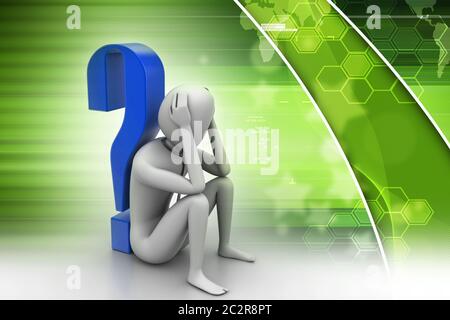 3d man sitting near the question mark Stock Photo