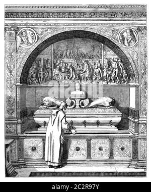 The fountain of the Monks, has the Certosa of Pavia. - Drawing of E. Lechevallier-Chevignard, vintage engraved illustration. Magasin Pittoresque 1875. Stock Photo