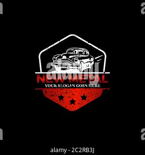 rustic restoration Car logo image, old car repair logo shield badge Stock Vector