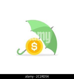 Golden umbrella with gold dollar coins stack under it. Vector flat icon isolated on white. Income safe. Money protection concept. Investments, safety Stock Vector