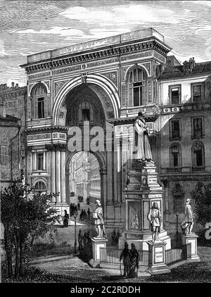 The Statue of Leonardo da Vinci and the Galleria Vittorio Emanuele in Milan, vintage engraved illustration. Magasin Pittoresque 1877. Stock Photo