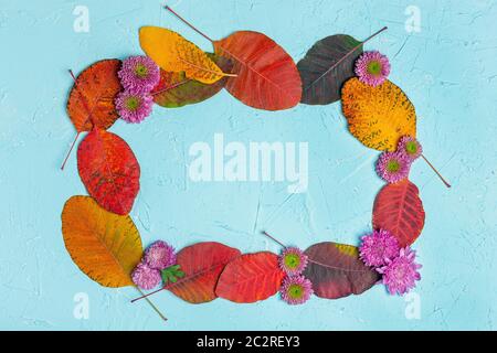Frame of autumn leaves and flowers. Stock Photo