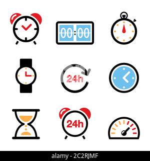 Time, clock vector color icons set - alarm clock, wrist watch, stopper, speed meter Stock Vector