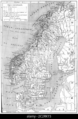 Old engraved illustration of map of Scandinavia - Sweden, Norway and Denmark. Dictionary of words and things - Larive and Fleury ? 1895 Stock Photo