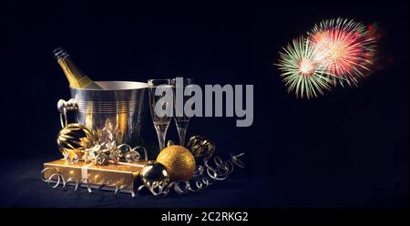 New Year's motives - clock, glasses and confetti Stock Photo