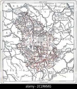 Topographical Map of Haute-Marne in Champagne-Ardenne, France, vintage engraved illustration. Dictionary of Words and Things - Larive and Fleury - 189 Stock Photo