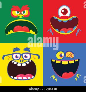 Cartoon monster faces set. Vector set of four Halloween monster faces with different expressions Stock Vector