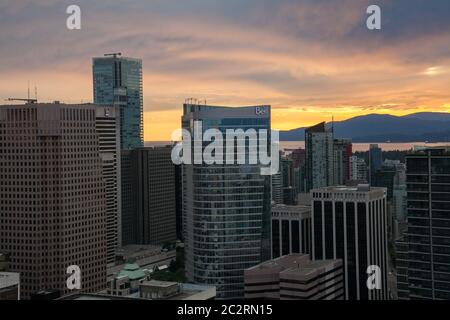 Scenic view from Vancouver Lookout building at sunset, Vancouver, British Columbia, Canada Stock Photo