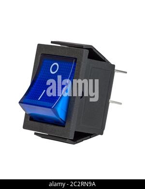 Blue electrical power switch, electronic component, isolated on white background Stock Photo