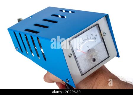 Analog car battery tester, power test load fork, isolated on a white background. Stock Photo