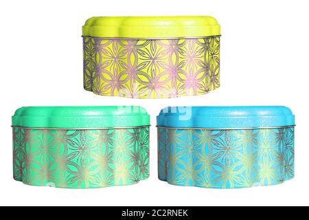 Chinese New Year Metal Container for Cookies on White Background Stock Photo
