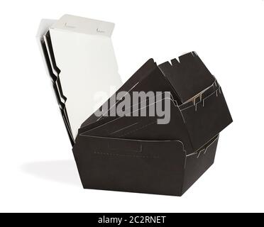 Stack of Empty Takeaway Paper Boxes on White Background Stock Photo