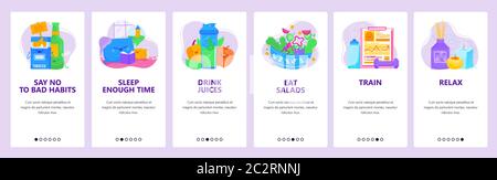 Healthy lifestyle concept. Good sleep, fresh food, sport and fitness training, rest time. Mobile app screens. Vector banner template for website and Stock Vector