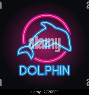 dolphin logo with neon sign effect. vector illustration Stock Vector