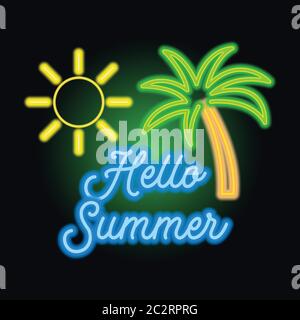 hello summer logo with neon sign effect. vector illustration Stock Vector