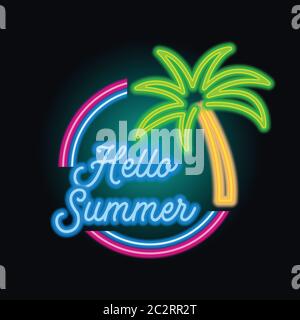 hello summer logo with neon sign effect. vector illustration Stock Vector