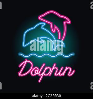 dolphin logo with neon sign effect. vector illustration Stock Vector