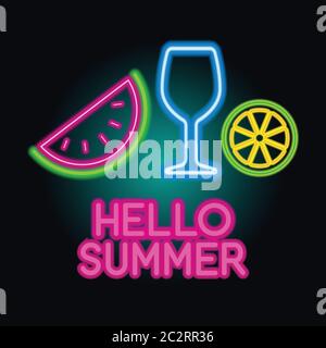 hello summer logo with neon sign effect. vector illustration Stock Vector