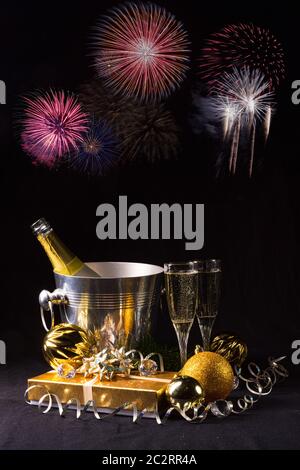 New Year's motives - clock, glasses and confetti Stock Photo