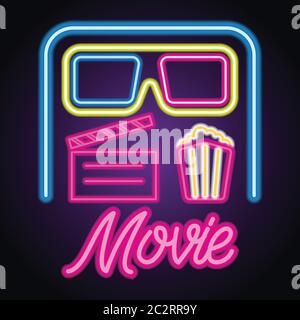 movie cinema entertainment logo with neon sign effect. vector illustration Stock Vector