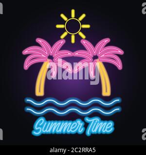 hello summer logo with neon sign effect. vector illustration Stock Vector