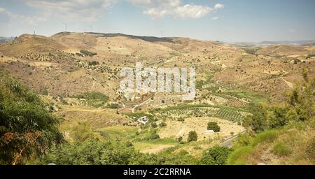 Panorama of the Sicilian hills and the town of Butera in the southern part of Sicily Stock Photo