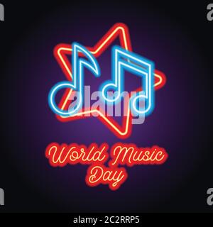 music logo with neon sign effect for world music day. vector illustration Stock Vector