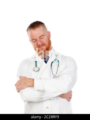 Relaxed redhead doctor isolated on a white background Stock Photo