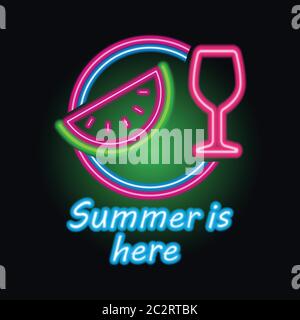 hello summer logo with neon sign effect. vector illustration Stock Vector