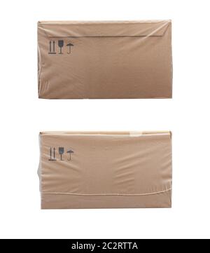 rectangular box wrapped in transparent polyethylene, box for transporting bottles, side view, set Stock Photo