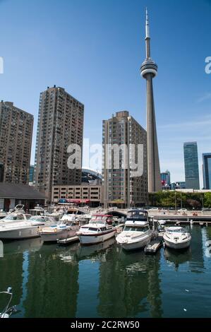 Cityscape of Toronto marina with skyscrapers and CN tower, Toronto, Ontario, Canada Stock Photo