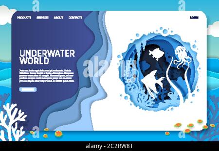 Landing page, sea paper cut underwater landscape with fishes and ocean ...